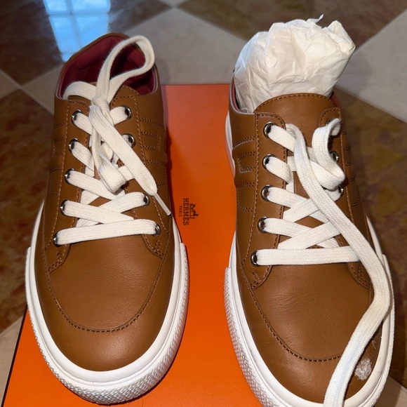 Hermes Brown and White Sneakers with Cream Laces and Two-Tone Design - Picture 1 of 5